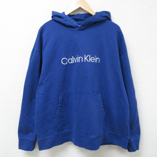 XL★古着 カルバンクライン Calvin Klein 長袖 スウェット パーカー メンズ ビッグロゴ 刺繍 大きいサイズ 青 ブルー 25mar03 中古 スエット トレーナー トップス