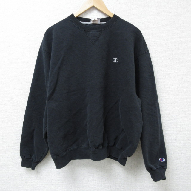 XL★古着 チャンピオン Champion 長袖 スウェット メンズ 00年代 00s ワンポイントロゴ クルーネック 黒 ブラック 25mar03 中古 スエット トレーナー トップス