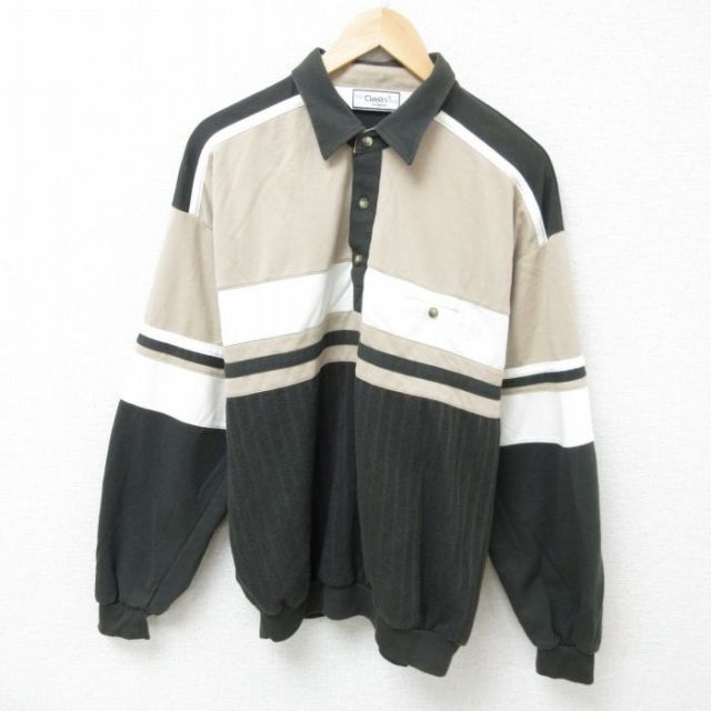 L★古着 長袖 トップス メンズ 90年代 90s マルチカラー 襟付き 濃緑他 グリーン 25mar05 中古 スエット トレーナー