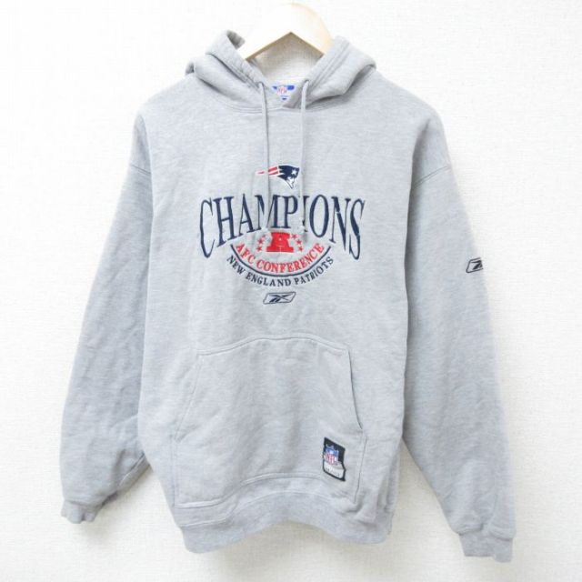【50%OFF】L★古着 リーボック REEBOK 長袖 スウェット パーカー メンズ 00年代 00s NFL ニューイングランドペイトリオッツ 刺繍 グレー 霜降り アメフト スーパーボウル 25mar05 中古 スエット トレーナー トップス