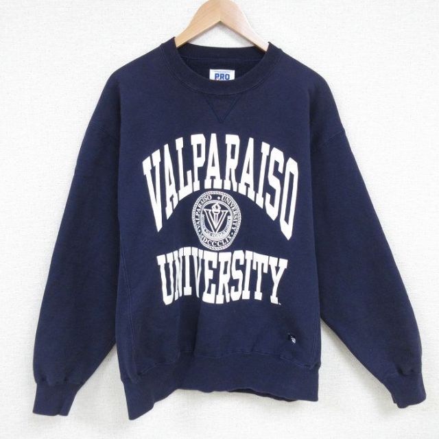 L★古着 ラッセル 長袖 スウェット メンズ 90年代 90s ヴァルパライゾ 大学 クルーネック USA製 紺 ネイビー 【spe】 25mar05 中古 スエット トレーナー トップス
