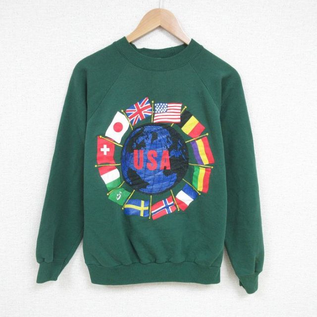 M★古着 ヘインズ Hanes 長袖 スウェット メンズ 90年代 90s 国旗 USA クルーネック 緑 グリーン 25mar05 中古 スエット トレーナー トップス
