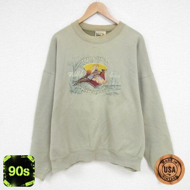 90s 長袖スウェット 鳥刺繍 ベージュ XL | 古着