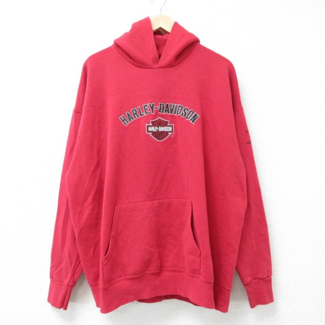 XL★古着 ハーレーダビッドソン Harley Davidson 長袖 スウェット パーカー メンズ 00年代 00s ビッグロゴ刺繍 赤 レッド 【spe】 25mar06 中古 スエット トレーナー トップス