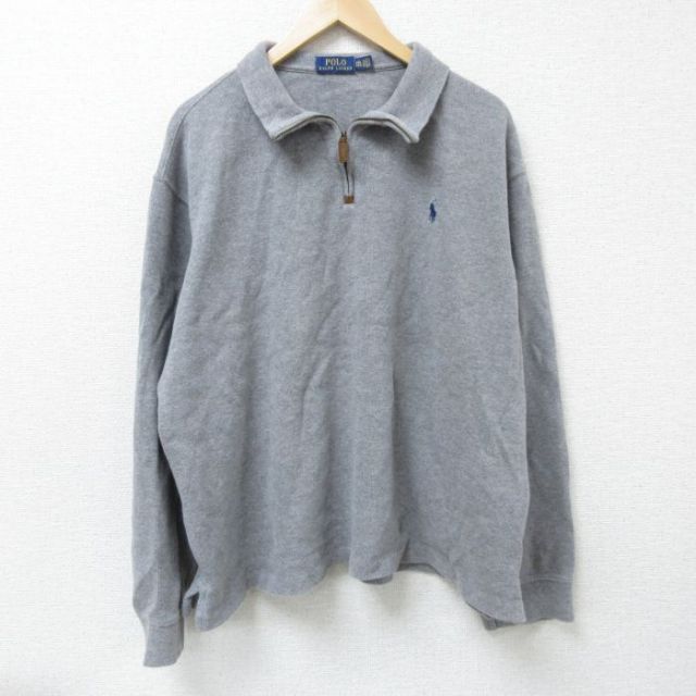 XL★古着 ラルフローレン Ralph Lauren 長袖 ブランド ハーフジップ トップス メンズ ワンポイントロゴ 大きいサイズ コットン グレー 霜降り 25mar13 中古 スエット トレーナー