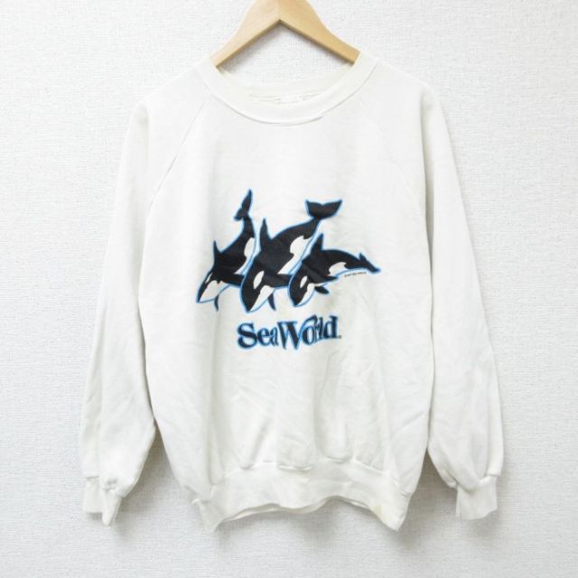 【50%OFF】L★古着 長袖 スウェット メンズ 80年代 80s シャチ クルーネック 白 ホワイト 25mar13 中古 スエット トレーナー トップス
