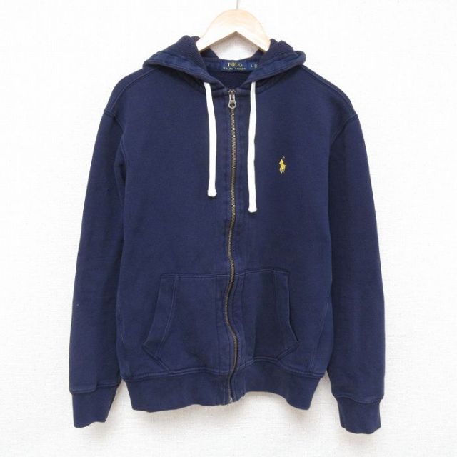 L★古着 ラルフローレン Ralph Lauren 長袖 ブランド フルジップ スウェット パーカー メンズ ワンポイントロゴ 紺 ネイビー フード内側サーマル 25mar07 中古 スエット トレーナー トップス