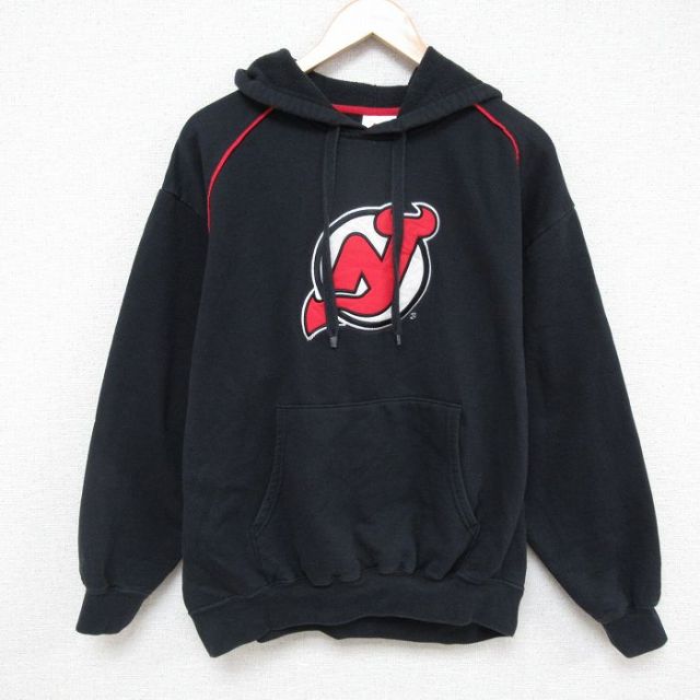 XL★古着 マジェスティック 長袖 スウェット パーカー メンズ 00年代 00s NHL ニュージャージーデビルス 刺繍 大きいサイズ 黒 ブラック アイスホッケー 25mar07 中古 スエット トレーナー トップス