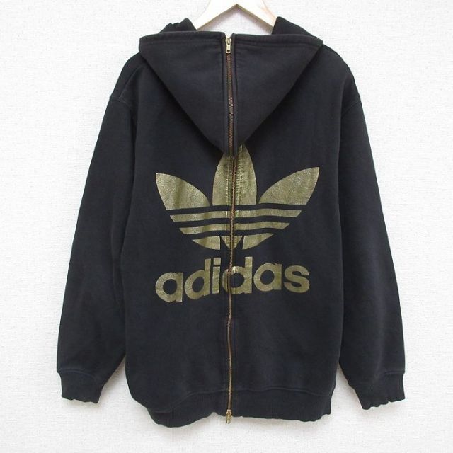 XL★古着 アディダス adidas ジェレミースコット 長袖 フルジップ スウェット パーカー メンズ リーフ トレフォイル 大きいサイズ クルーネック 黒 ブラック 【spe】 25mar07 中古 スエット トレーナー トップス