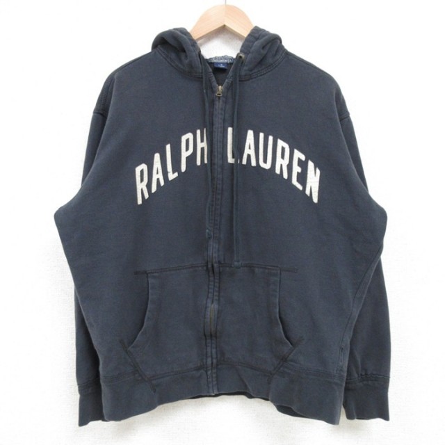 L★古着 ラルフローレン Ralph Lauren ポロジーンズ 長袖 ブランド フルジップ スウェット パーカー メンズ ビッグロゴ 紺 ネイビー フード内側サーマル 25mar13 中古 スエット トレーナー トップス