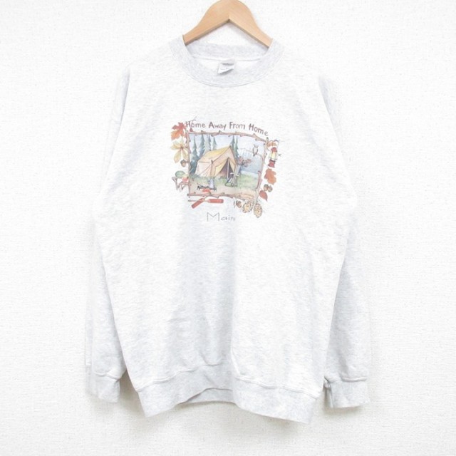 【50%OFF】L★古着 長袖 スウェット メンズ 00年代 00s テント Maine クルーネック 薄グレー 霜降り 25mar13 中古 スエット トレーナー トップス