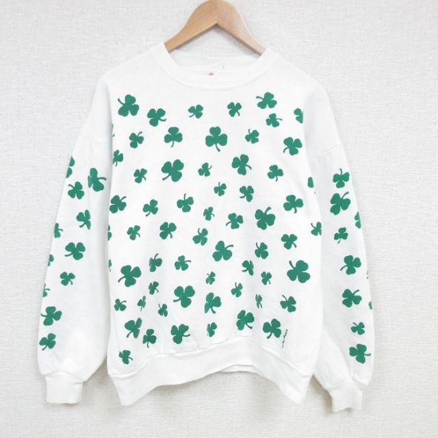 XL★古着 ジャージーズ 長袖 スウェット メンズ 90年代 90s ミシガンラグ クローバー 総柄 クルーネック USA製 白 ホワイト 【spe】 25mar07 中古 スエット トレーナー トップス