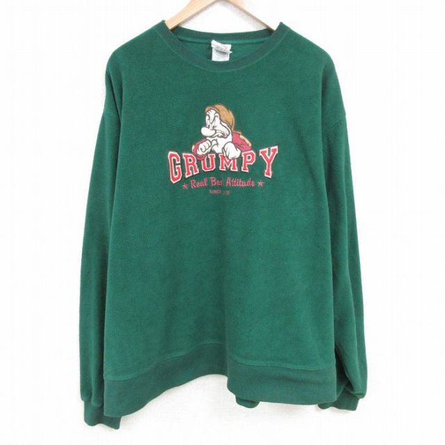 XL★古着 長袖 フリース トップス メンズ 00年代 00s ディズニー DISNEY しらゆきひめ 7人の小人 七人のこびと グランピー 刺繍 大きいサイズ ポリエステル クルーネック 濃緑 グリーン 25mar07 中古 スエット トレーナー