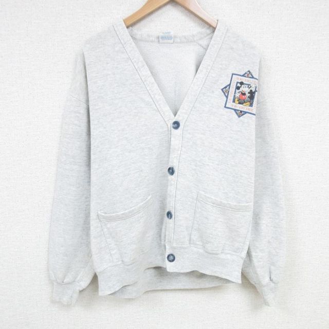 【50%OFF】XL★古着 長袖 スウェット カーディガン メンズ 80年代 80s ディズニー DISNEY ミッキー MICKEY MOUSE USA製 薄グレー 霜降り 25mar07 中古 スエット トレーナー トップス