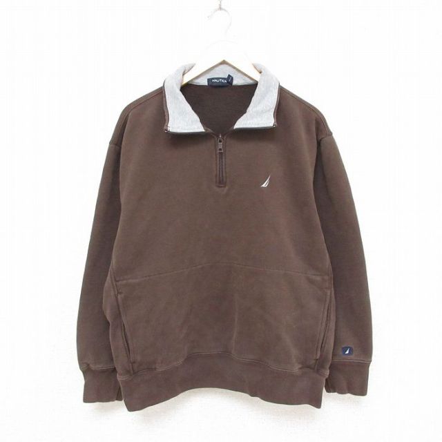 XL★古着 ノーティカ NAUTICA 長袖 ブランド ハーフジップ スウェット メンズ ワンポイントロゴ 大きいサイズ クルーネック 茶 ブラウン 25mar08 中古 スエット トレーナー トップス