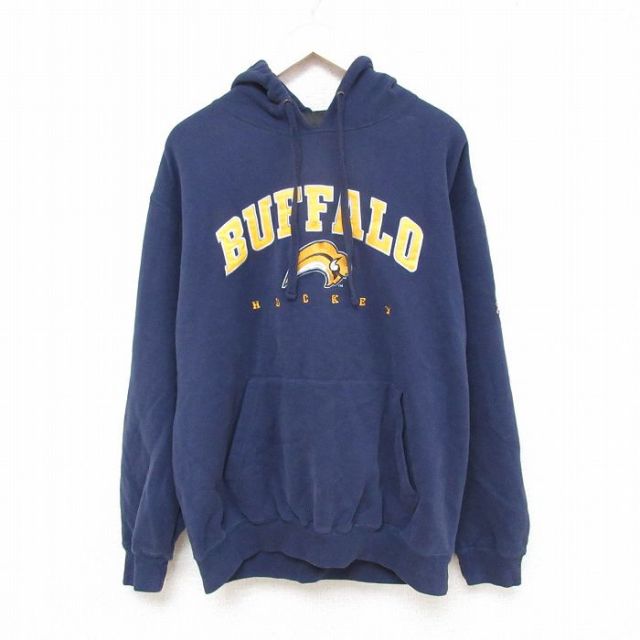 【50%OFF】XL★古着 長袖 スウェット パーカー メンズ NHL バッファローセイバーズ 刺繍 大きいサイズ 紺 ネイビー アイスホッケー 25mar08 中古 スエット トレーナー トップス