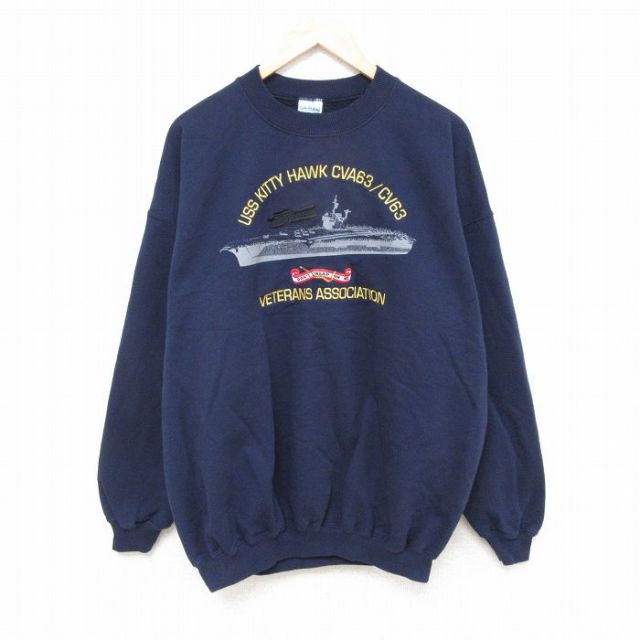 XL★古着 長袖 スウェット メンズ 00年代 00s 軍艦 刺繍 大きいサイズ クルーネック 紺 ネイビー 【spe】 25mar08 中古 スエット トレーナー トップス