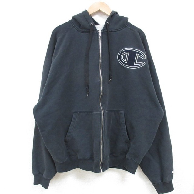 XL★古着 チャンピオン Champion 長袖 フルジップ スウェット パーカー メンズ 00年代 00s ビッグロゴ 黒 ブラック 【spe】 25mar08 中古 スエット トレーナー トップス
