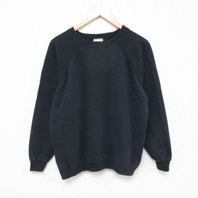 L★古着 ヘインズ Hanes 長袖 スウェット メンズ 90年代 90s 無地 ラグラン クルーネック 黒 ブラック 25mar14 中古 スエット トレーナー トップス