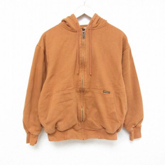 L★古着 長袖 フルジップ スウェット パーカー メンズ 無地 薄茶 ブラウン 内側サーマル 25mar14 中古 スエット トレーナー トップス