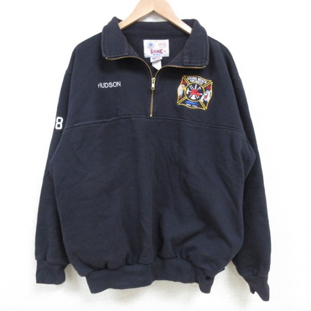 L★古着 長袖 ハーフジップ スウェット メンズ 90年代 90s 消防団 胸ポケット付き USA製 紺 ネイビー 25mar11 中古 スエット トレーナー トップス