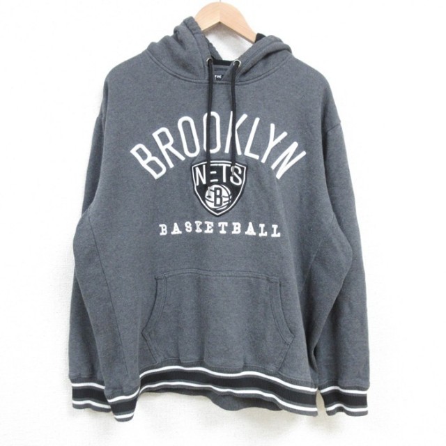 XL★古着 長袖 スウェット パーカー メンズ NBA ブルックリンネッツ 刺繍 濃グレー 霜降り バスケットボール 25mar11 中古 スエット トレーナー トップス