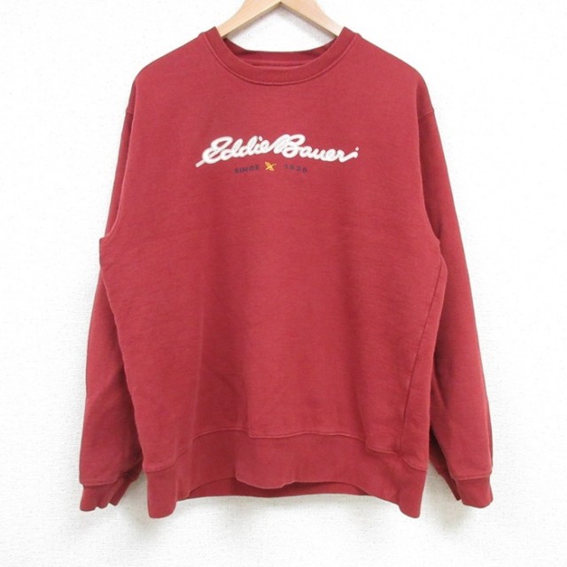L★古着 エディーバウアー Eddie Bauer 長袖 スウェット メンズ ビッグロゴ クルーネック エンジ 25mar11 中古 スエット トレーナー トップス