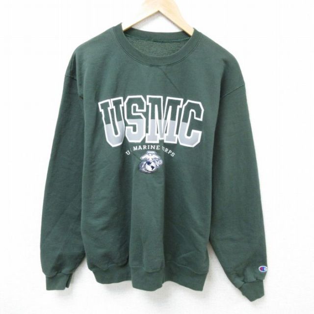 L★古着 長袖 スウェット メンズ ミリタリー USMC アメリカ海兵隊 刺繍 クルーネック 濃緑 グリーン 25mar14 中古 スエット トレーナー トップス