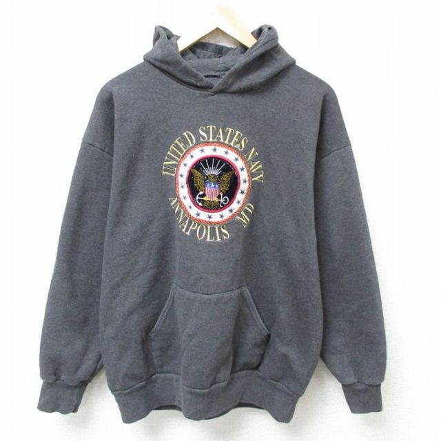 【50%OFF】L★古着 長袖 スウェット パーカー メンズ 90年代 90s NAVY アナポリス 刺繍 USA製 濃グレー 霜降り 25mar14 中古 スエット トレーナー トップス