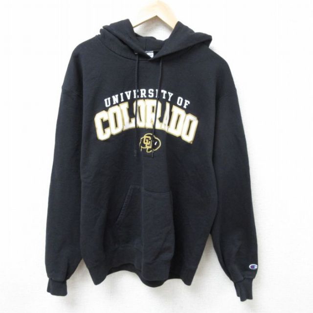 L★古着 チャンピオン Champion 長袖 スウェット パーカー メンズ コロラド 大学 刺繍 黒 ブラック 25mar14 中古 スエット トレーナー トップス