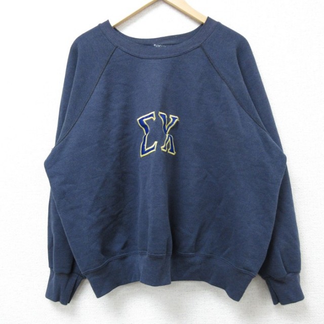 XL★古着 長袖 スウェット メンズ 90年代 90s ギリシャ文字 ラグラン クルーネック USA製 紺 ネイビー 25mar12 中古 スエット トレーナー トップス