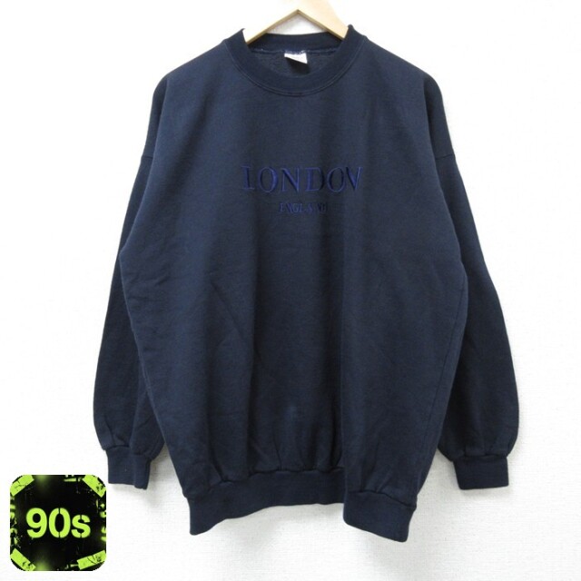 90s 長袖スウェット ロンドン刺繍 ネイビー XL | 古着