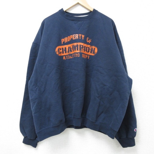 XL★古着 チャンピオン Champion 長袖 スウェット メンズ 00年代 00s ビッグロゴ 大きいサイズ クルーネック 紺 ネイビー 【spe】 25mar12 中古 スエット トレーナー トップス