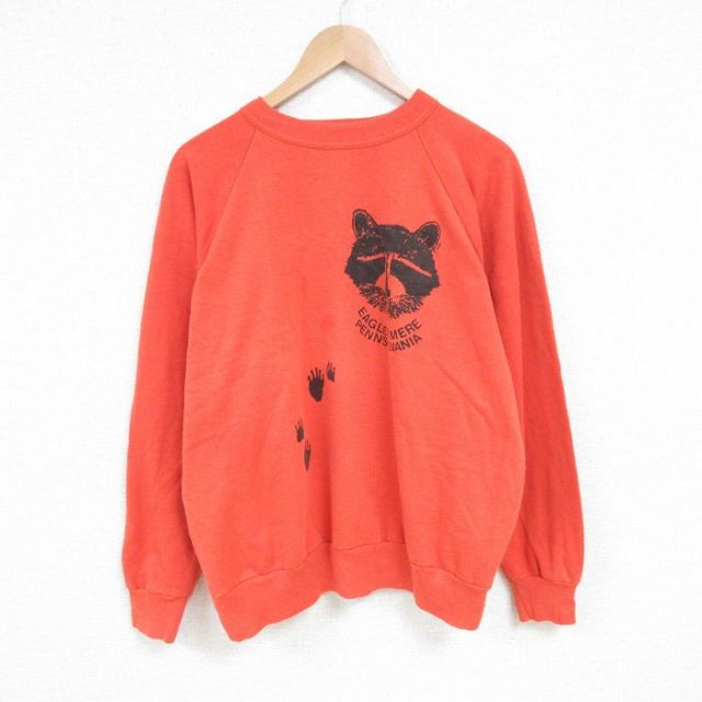 L★古着 長袖 スウェット メンズ 80年代 80s アライグマ ラグラン クルーネック オレンジ 25mar14 中古 スエット トレーナー トップス
