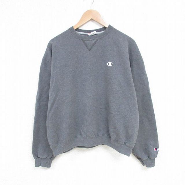 L★古着 チャンピオン Champion 長袖 スウェット メンズ 00年代 00s ワンポイントロゴ クルーネック 濃グレー 25mar14 中古 スエット トレーナー トップス