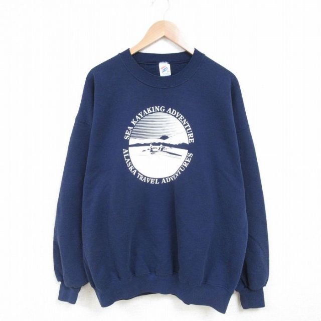 XL★古着 ジャージーズ 長袖 スウェット メンズ 90年代 90s 山 シーカヤック 大きいサイズ クルーネック USA製 紺 ネイビー 25mar14 中古 スエット トレーナー トップス