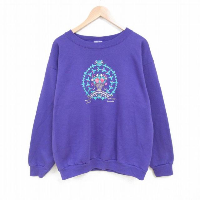 【50%OFF】L★古着 長袖 スウェット メンズ 90年代 90s 花 クルーネック USA製 紫 パープル 25mar14 中古 スエット トレーナー トップス