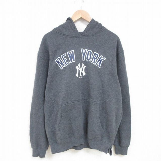 XL★古着 マジェスティック 長袖 スウェット パーカー メンズ MLB ニューヨークヤンキース 濃グレー 霜降り メジャーリーグ ベースボール 野球 25mar14 中古 スエット トレーナー トップス