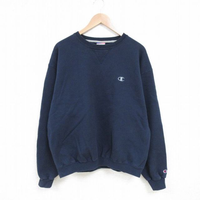 XL★古着 チャンピオン Champion 長袖 スウェット メンズ ワンポイントロゴ クルーネック 紺 ネイビー 25mar14 中古 スエット トレーナー トップス