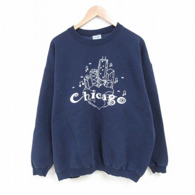 【20%OFF】XL★古着 長袖 スウェット メンズ 00年代 00s シカゴ 大きいサイズ クルーネック 紺 ネイビー 25mar14 中古 スエット トレーナー トップス
