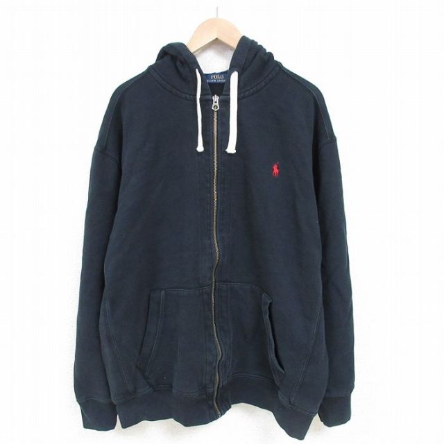 XL★古着 ラルフローレン Ralph Lauren 長袖 ブランド フルジップ スウェット パーカー メンズ 00年代 00s ワンポイントロゴ 大きいサイズ 黒 ブラック フード内側サーマル 25mar14 中古 スエット トレーナー トップス