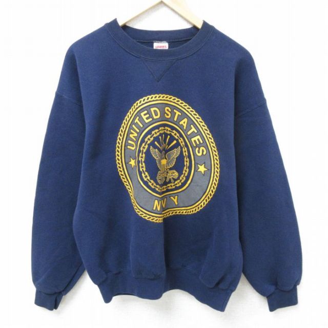 L★古着 長袖 スウェット メンズ 90年代 90s ミリタリー ネイビー NAVY リフレクター クルーネック USA製 紺 25mar15 中古 スエット トレーナー トップス