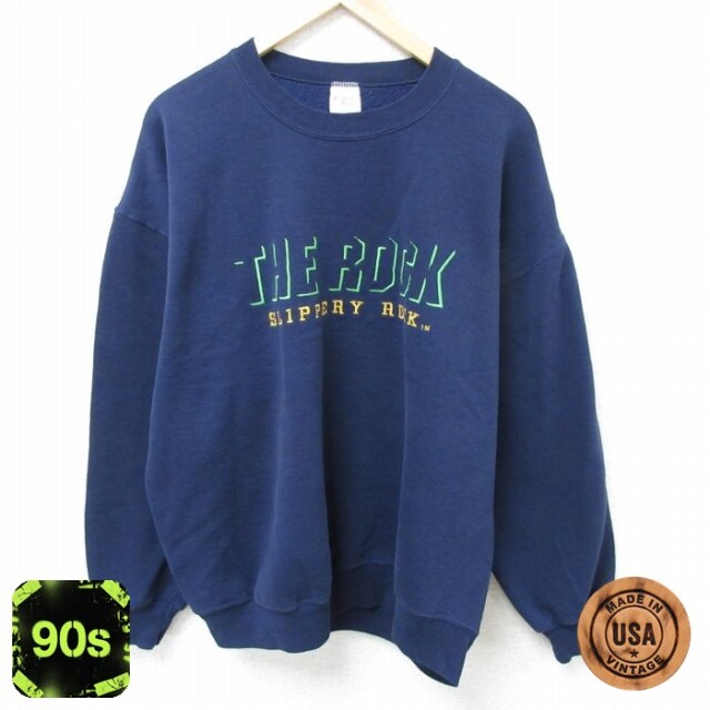 THE ROCK 90s 長袖スウェット 刺繍 ネイビー XL | 古着