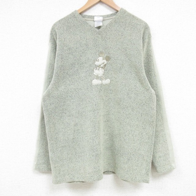 【50%OFF】M★古着 長袖 スウェット メンズ 00年代 00s ディズニー DISNEY ミッキー MICKEY MOUSE 刺繍 ポリエステル Vネック 緑 グリーン 25mar15 中古 スエット トレーナー トップス