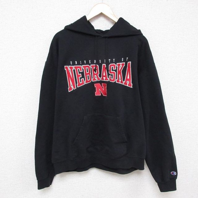 【20%OFF】XL★古着 チャンピオン Champion 長袖 スウェット パーカー メンズ ネブラスカ 大学 大きいサイズ 黒 ブラック 25mar21 中古 スエット トレーナー トップス