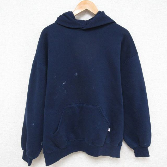 XL★古着 ラッセル 長袖 スウェット パーカー メンズ 90年代 90s 無地 USA製 紺 ネイビー 【spe】 25mar21 中古 スエット トレーナー トップス