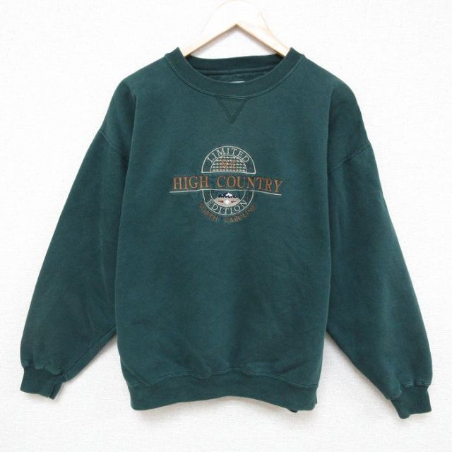 L★古着 長袖 スウェット メンズ 00年代 00s HIGH COUNTRY 刺繍 クルーネック 濃緑 グリーン 25mar21 中古 スエット トレーナー トップス