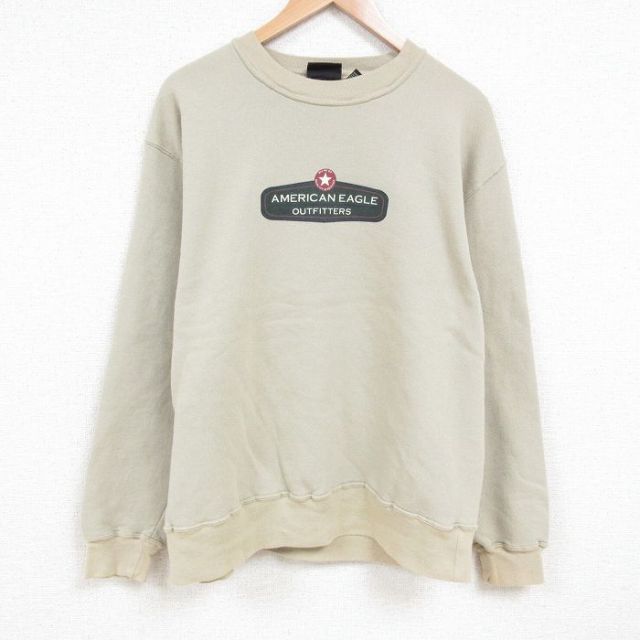 XL★古着 アメリカンイーグル American Eagle 長袖 スウェット メンズ ビッグロゴ クルーネック 薄ベージュ カーキ 25mar17 中古 スエット トレーナー トップス