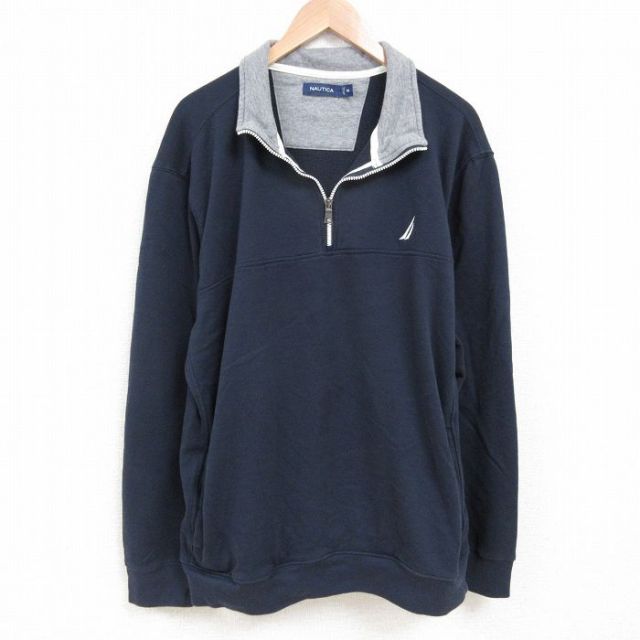 XL★古着 ノーティカ NAUTICA 長袖 ブランド ハーフジップ スウェット メンズ ワンポイントロゴ 大きいサイズ 濃紺 ネイビー 25mar17 中古 スエット トレーナー トップス
