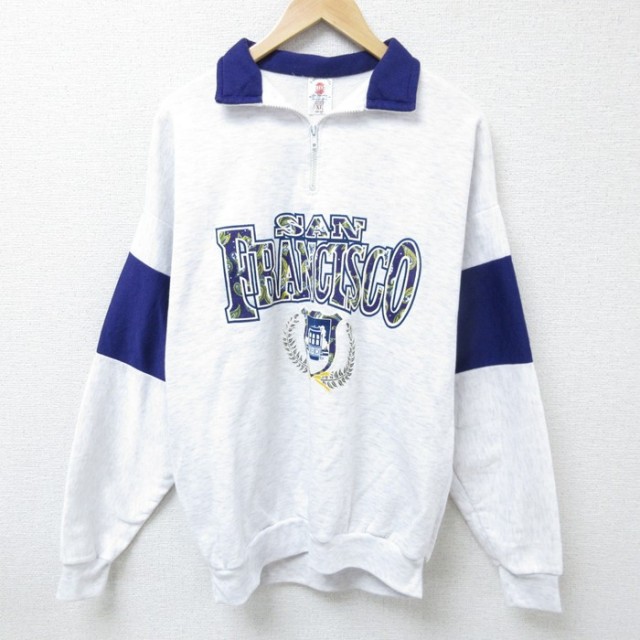 【50%OFF】L★古着 長袖 ハーフジップ スウェット メンズ 90年代 90s サンフランシスコ 襟付き USA製 薄グレー 霜降り 25mar17 中古 スエット トレーナー トップス